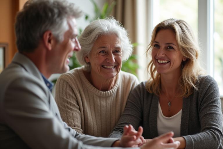 A compassionate Elderlight advisor consulting with a family in a warm, comfortable office.