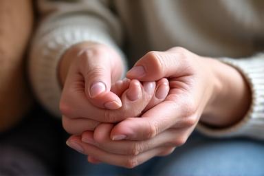 A caregiver's hands gently holding a resident's hands.